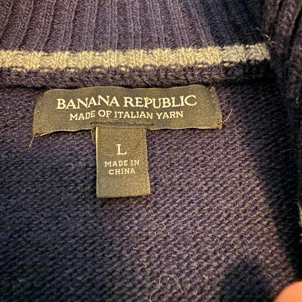 Banana Republic Quarter Zip Sweater Men Large Navy Blue Merino Wool Italian Yarn - Picture 5 of 9